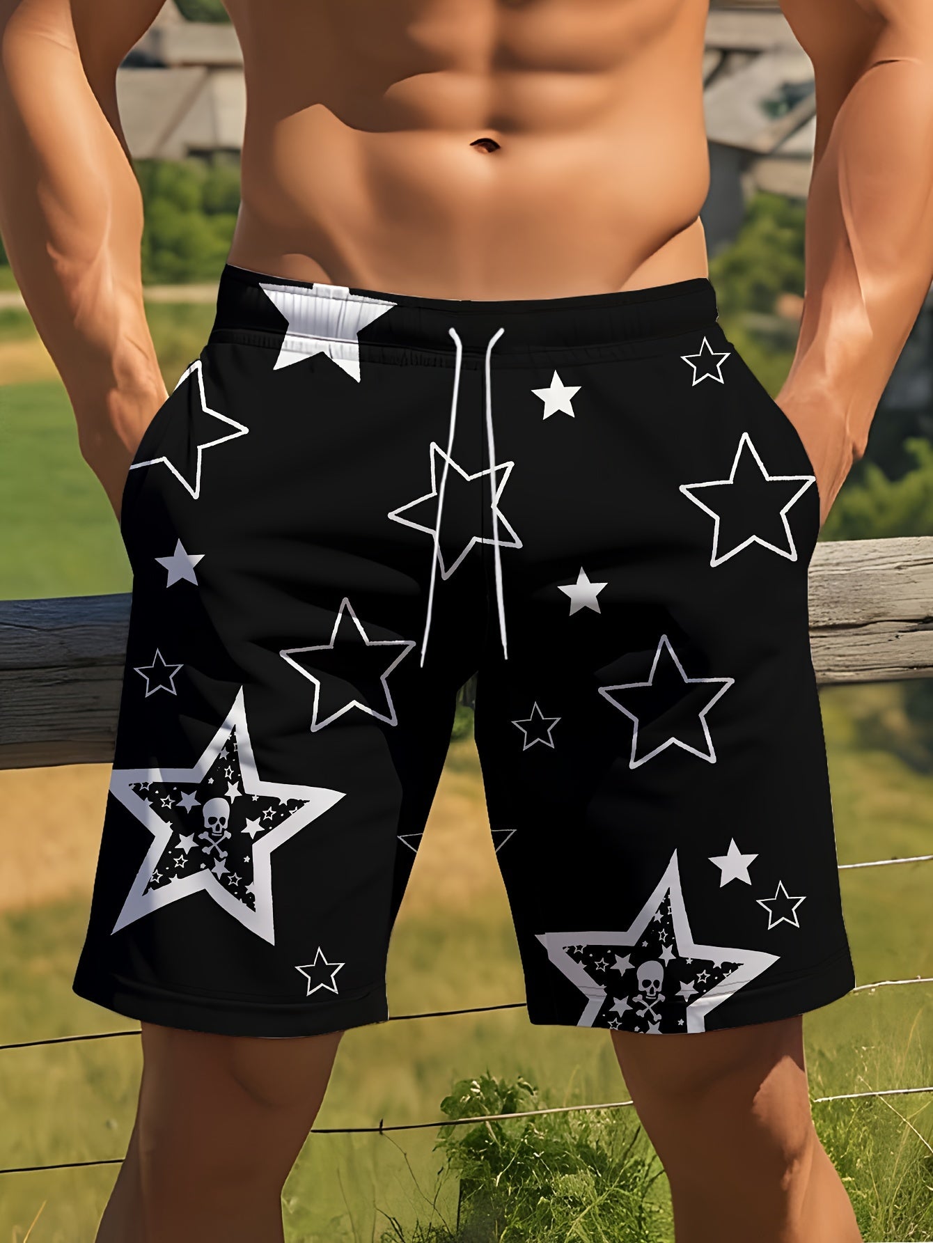 [Men's Beach Resort Active Shorts] Men's Casual Star Print Active Shorts, Drawstring Beach Shorts for Summer Beach Resort