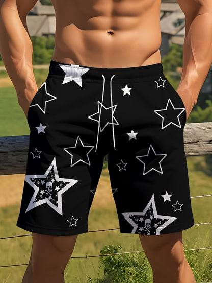 [Men's Beach Resort Active Shorts] Men's Casual Star Print Active Shorts, Drawstring Beach Shorts for Summer Beach Resort