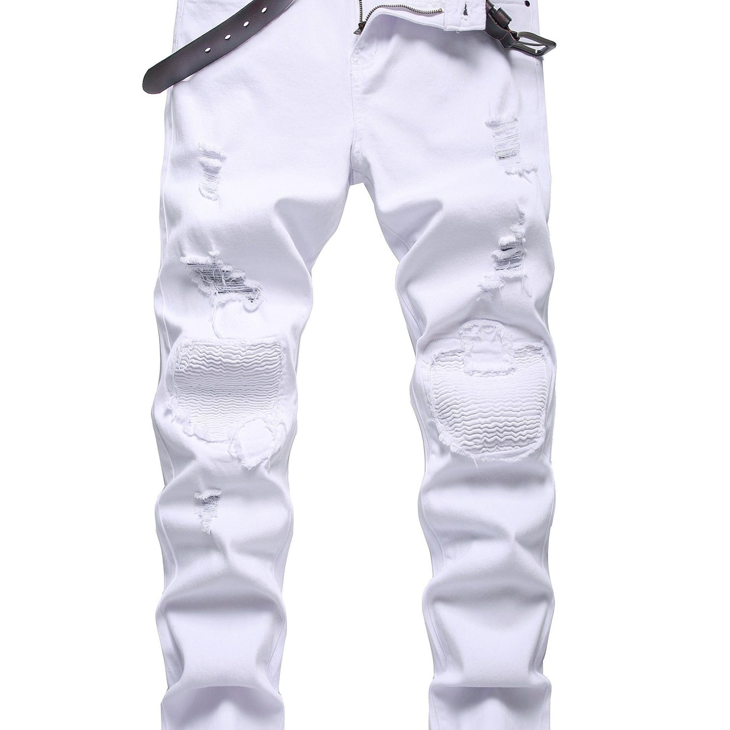 [White Ripped Slim Trend Jeans] Men's white ripped stretch slim casual trend jeans