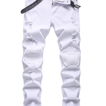 [White Ripped Slim Trend Jeans] Men's white ripped stretch slim casual trend jeans