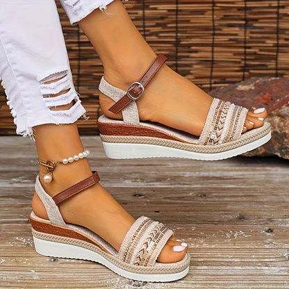 [Stylish Ankle Buckle Sandals] Women's Stylish Sandals, Ankle Buckle Strap Platform Walking Shoes, Comfort Wedge Vacation Shoes