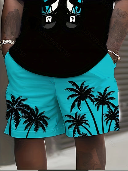 [Vacation-Themed Graphic Tee & Shorts] Plus Size 3D Digital Print Vacation-Themed Graphic Tee & Shorts Set - Breathable Polyester Blend, Casual/Sporty, Machine Washable, with Pockets & Drawstrings