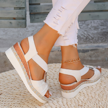 Summer New Solid Color Platform Mid Heel Sandals for Beach - Ladies' Open Toe - Fabric Upper, Synthetic Inner, PU Sole, Fabric Insole, Pull on Closure