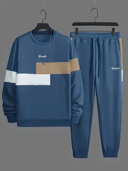 Men'S Color Blocked 2pcs Set, Casual Round Neck Long Sleeved Sweatshirt And Sweatpants Jogging Pants Set For Winter And Autumn, Men'S Clothing