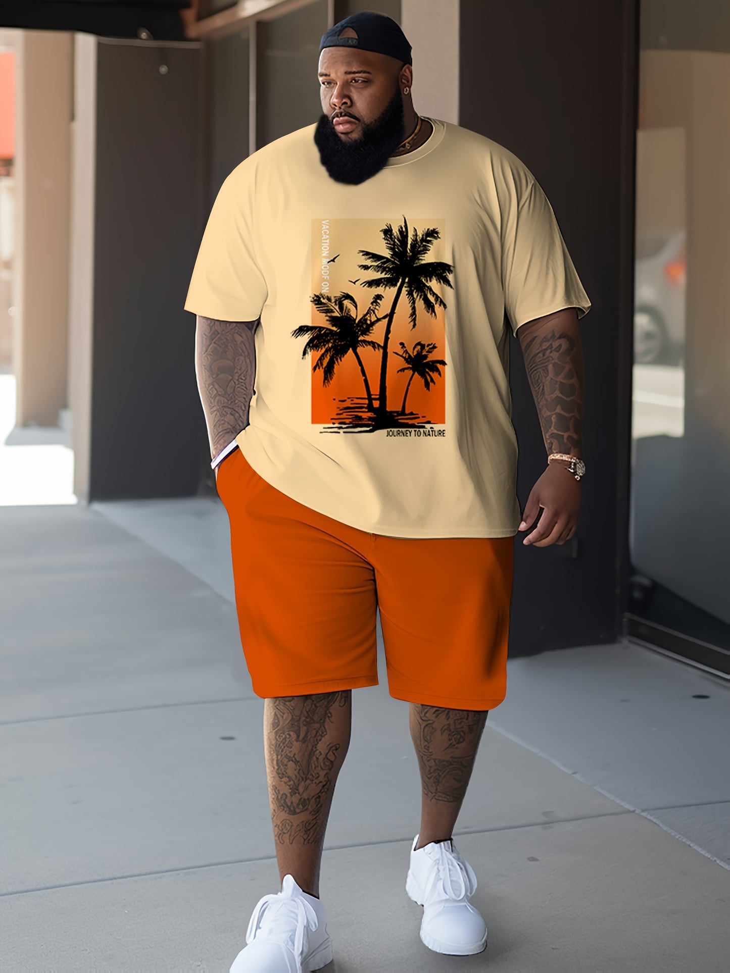 [Plus Size Coconut Tree Sweatsuit] [2pcs Coconut Tree Print T-Shirt and Shorts Set] 2pcs Plus Size Men'S Coconut Tree Print T-Shirt and Shorts Set, Polyester & Spandex Crew Neck Casual Sports Sweatsuit, Regular Fit Knit Fabri