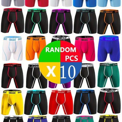 [10 Pcs Trendy Letter Belt Briefs] Random 10 Pcs Men's Trendy Letter Belt & Solid Stretchy Long Boxer Briefs, Comfy & Breathable Underwear, M/L/XL/XXL