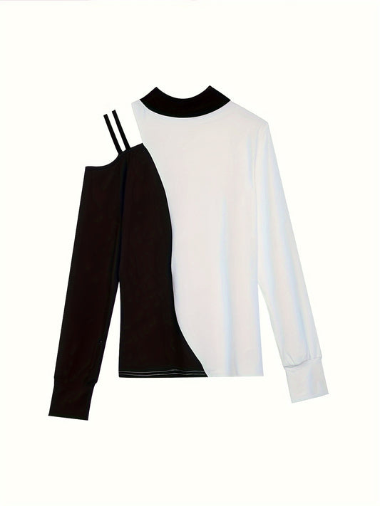 Chic Off-Shoulder Top - Color Block, Stretchy Polyester Blend, Machine Washable, Casual Long Sleeve for All Season Wear