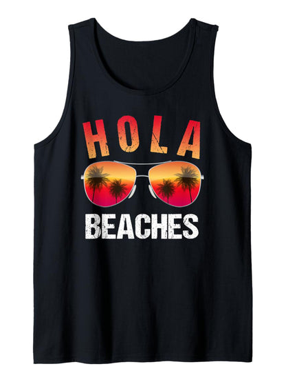 Men's 100% Cotton Sleeveless Tank Top - "HOLA BEACHES" Graphic Print, Casual Round Neck Summer Tee with Palm Tree & Fashion Glasses Design, Loose Fit for Outdoor Leisure, Casual Outings Attire | Playful Print Tee | Loose Fit