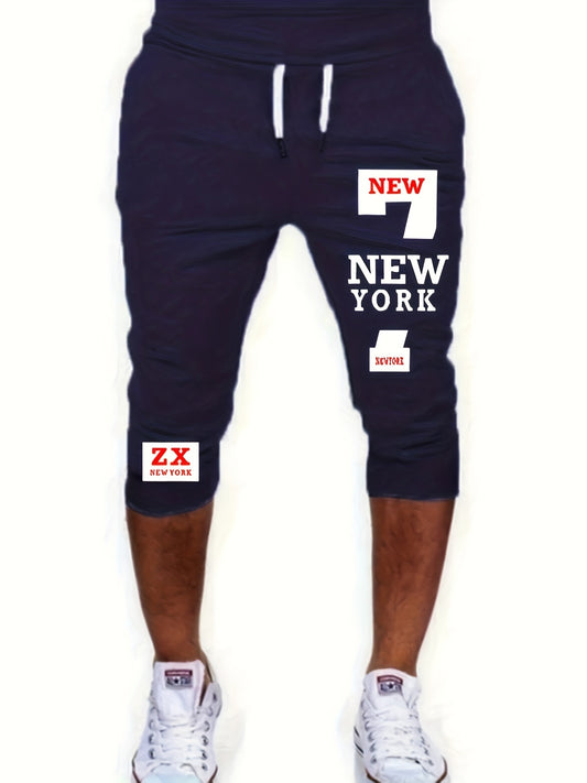 Men's Casual European & American Style Athletic Shorts - Navy Blue with "NEW YORK" Print, Zipper Pockets, 100% Polyester, Machine Washable, Perfect for Streetwear & Jogging