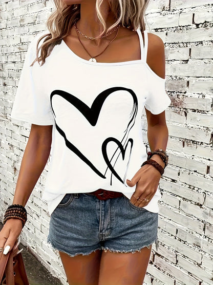 Casual Cold Shoulder Heart Print - Short Sleeve Backless Asymmetrical Top, Women's Clothing T-shirt