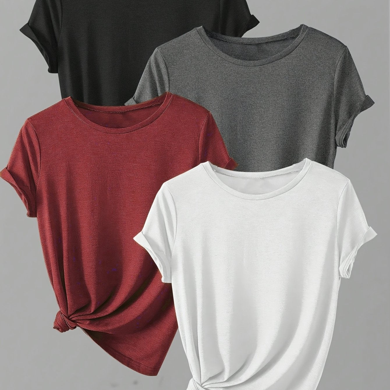 4pcs Spring & Summer Casual Crew Neck Short Sleeve Solid T-Shirt - Women's Clothing