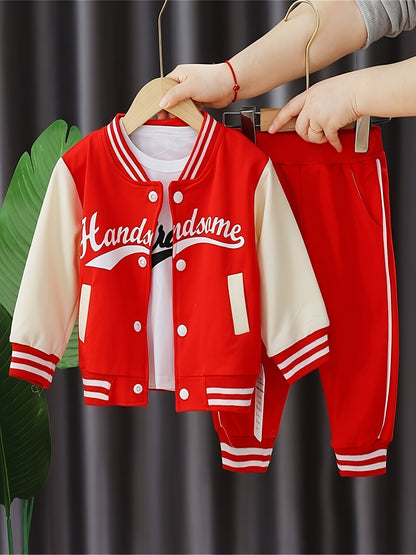 Spring and Autumn Boys' New Baseball Neck Letter Printing Casual Fashion Long Sleeve Three Piece Set