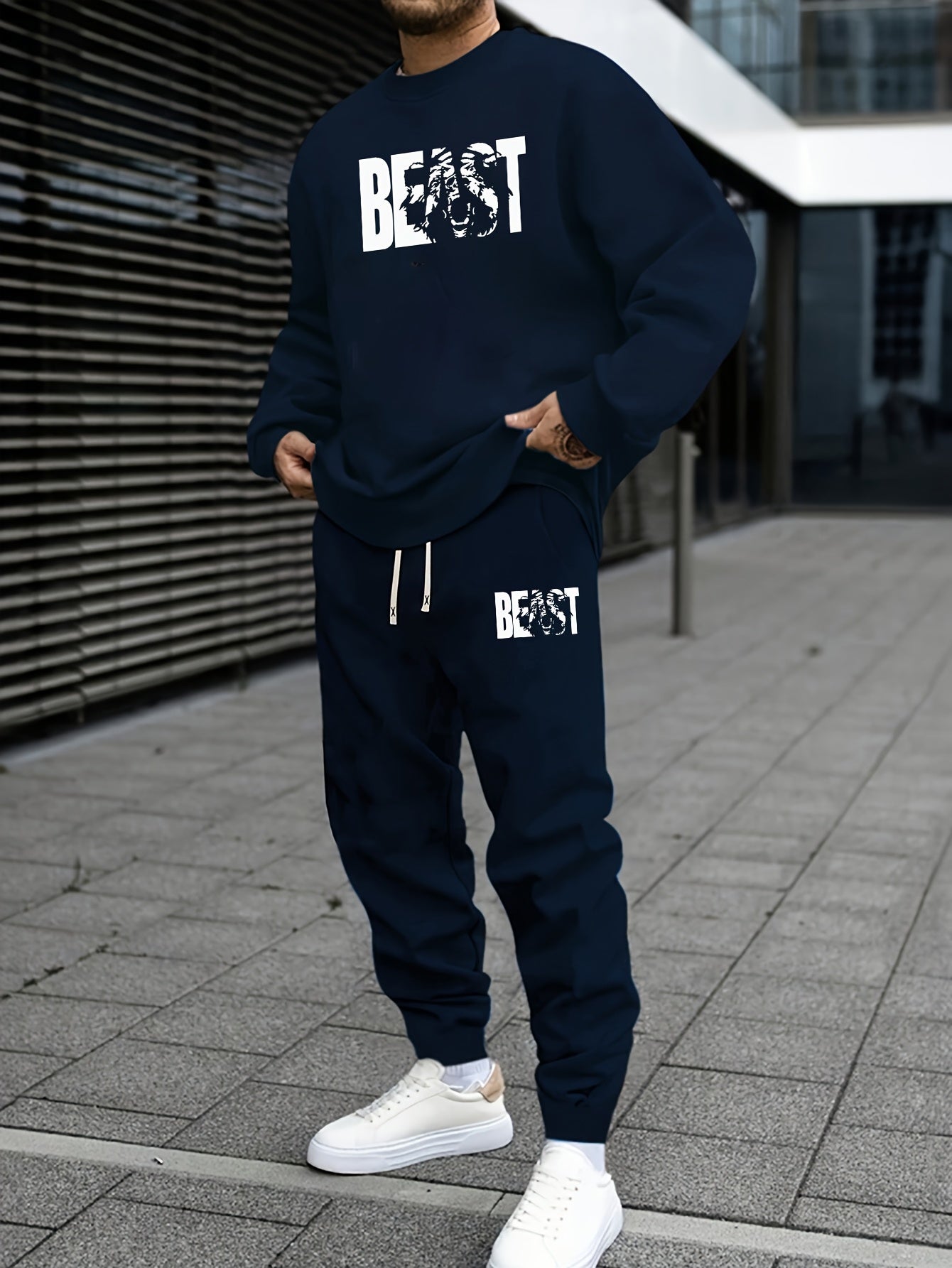 Autumn Beast Animal Pattern Print Men's Sweatshirt Set - Casual Alphabet Print Sweatshirt and Waist Drawstring Trousers