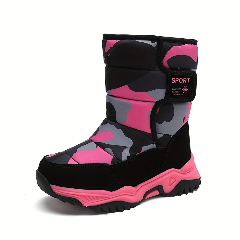 Youngsters' High-Top Winter Snow Boots - Warm Insulated TPR Sole & EVA Cushion, Camouflage Pattern (Blue/Black/Pink/Beige) | Unisex Youngsters & Youth Cold Weather Boots for Outdoor Activities