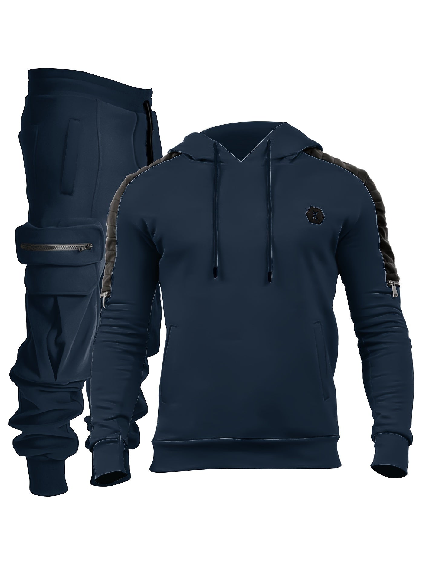 Men's Casual 2pcs Set - High Stretch Sports Hoodie & Multi Pocket Joggers Matching Set For Gym Workout Training - Polyester & Spandex Blend - Suitable for Sports & Casual Wear - Perfect Gift for Fitness Enthusiasts