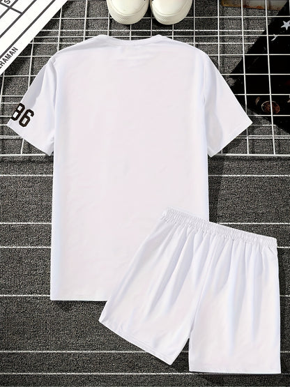 Summer Casual 2pcs Set - Crew Neck Short-Sleeve T-Shirt & Regular Fit Shorts - Polyester 100% Knit Fabric, Lightweight 180g/m², Slight Stretch, Street Fashion Outfit