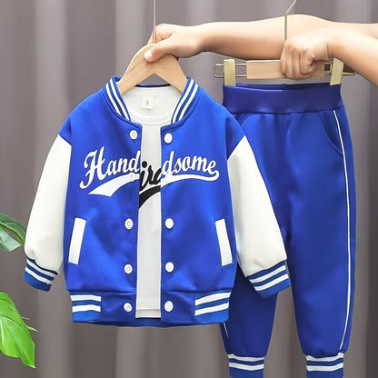 Spring and Autumn Boys' New Baseball Neck Letter Printing Casual Fashion Long Sleeve Three Piece Set