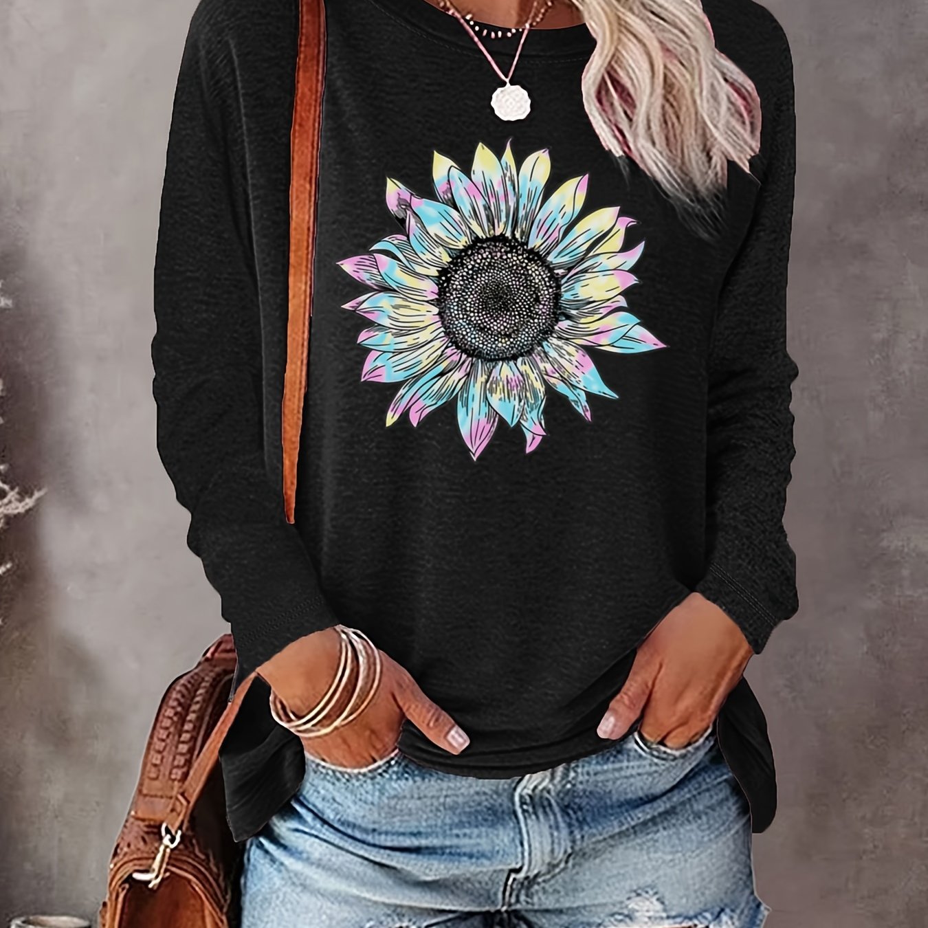 Casual Long Sleeve Sunflower Print Crew Neck Top - Women's Clothing for Spring & Fall