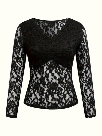 Sexy Sheer Stretch Lace V-Neck T-Shirt for Women - Chic, Perfect for All Seasons