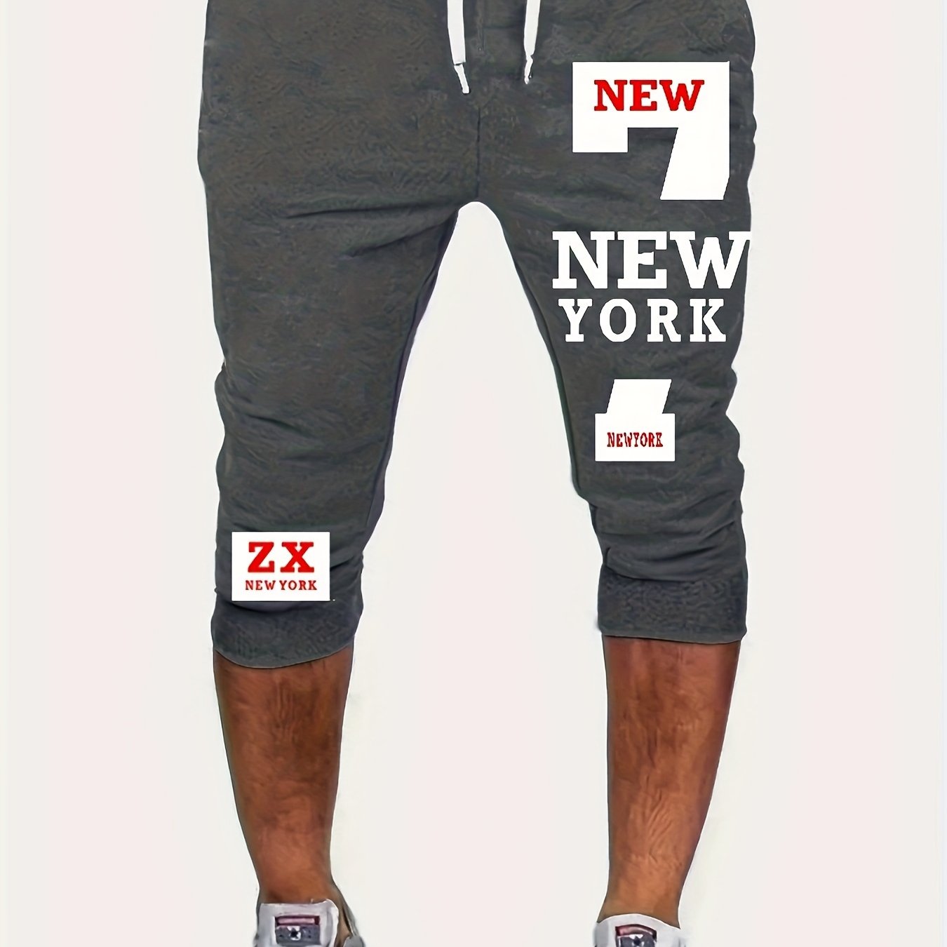 Men's Casual European & American Style Athletic Shorts - Navy Blue with "NEW YORK" Print, Zipper Pockets, 100% Polyester, Machine Washable, Perfect for Streetwear & Jogging