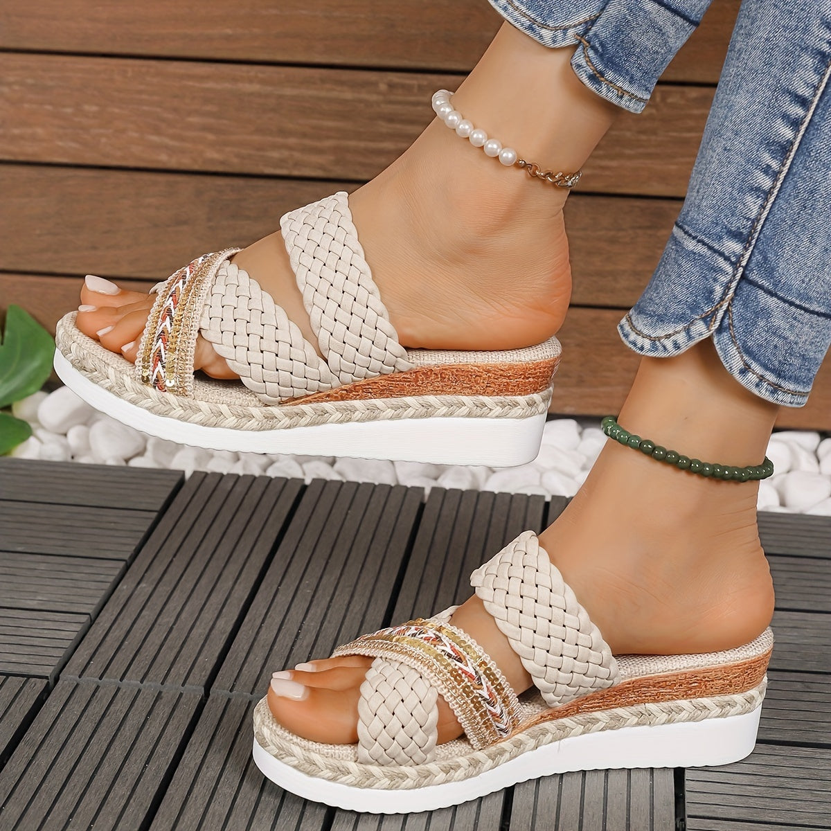 Casual Comfort Wedge Summer Sandals - Women's Platform Slip On Braided Walking Vacation Shoes