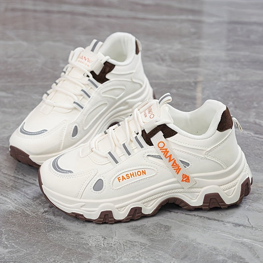 Women's Stylish & Comfortable Running Sneakers - Versatile Low-Top Lace-Up Sneakers with Brown Accents, White & Orange Design, Breathable Mesh Lining, Durable PVC Sole, Perfect for Casual Wear or Students