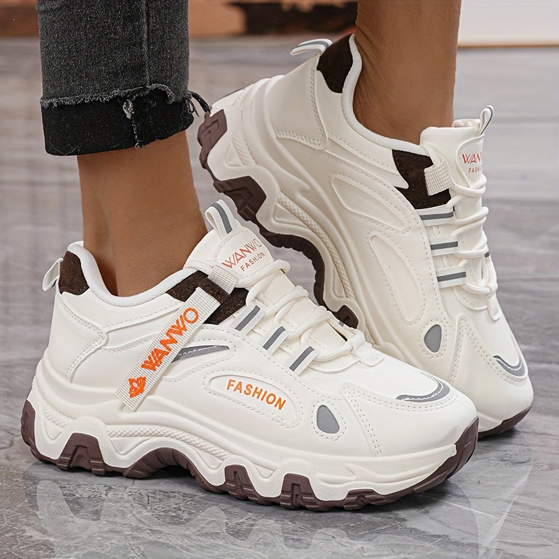 Women's Stylish & Comfortable Running Sneakers - Versatile Low-Top Lace-Up Sneakers with Brown Accents, White & Orange Design, Breathable Mesh Lining, Durable PVC Sole, Perfect for Casual Wear or Students