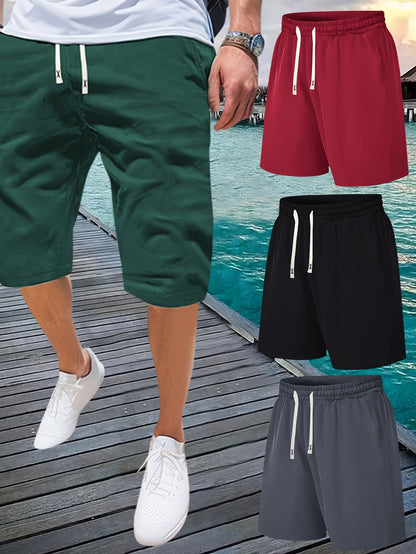 Summer Solid 4pcs Men's Drawstring Shorts - With Pockets For Outdoor Sports and Beach Holiday