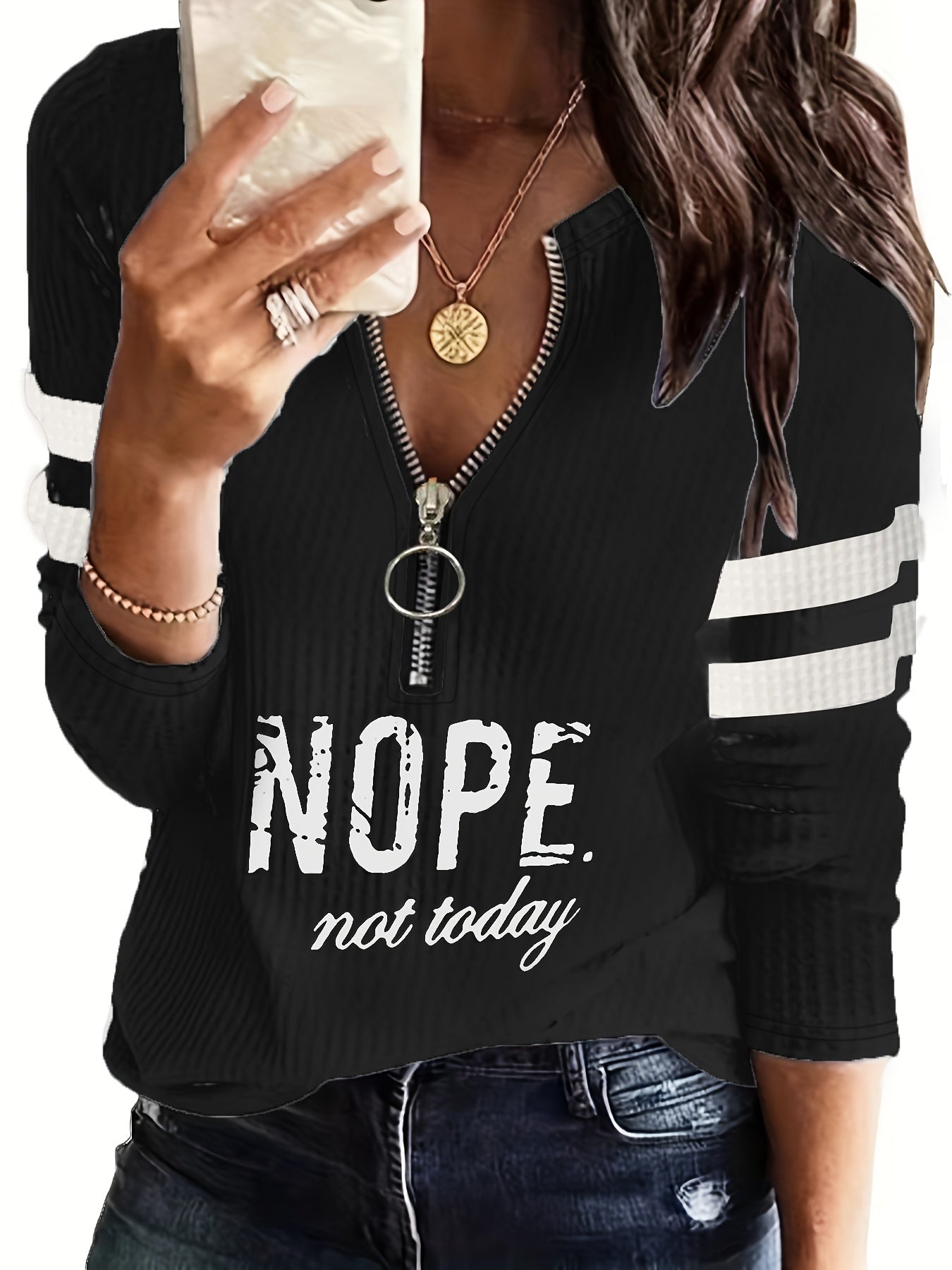 Women's "Nope Not Today" Stripe & Letter Print Zip-Up V-Neck T-Shirt - Casual Long Sleeve Top with Metal Detail, Machine Washable, Polyester Blend, Perfect for Spring & Fall