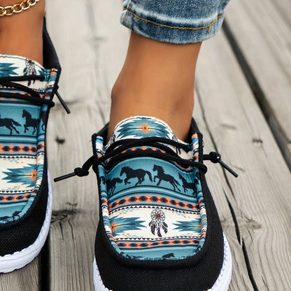 Women'S Casual Round Toe Slip-on Flat Sneakers, All-season, Black and Blue, Thousand Li Horse Pattern Canvas Fabric, Breathable, Non-slip, EVA Sole, Positioning Printing, Hand Wash, Fabric Upper and Inner Material with Elasti