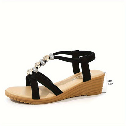 [Wedge Heeled Beads Sandals] Women's Beads Decor Wedge Heeled Sandals, Casual Open Toe Platform Shoes, Comfortable Ankle Strap Sandals