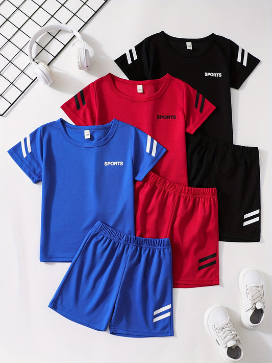 Boys 6-Piece Casual Athletic Outfit Set, Solid Color Versatile Short Sleeve Tee With Shorts, Comfy Summer Clothes For Daily & Outdoor Wear