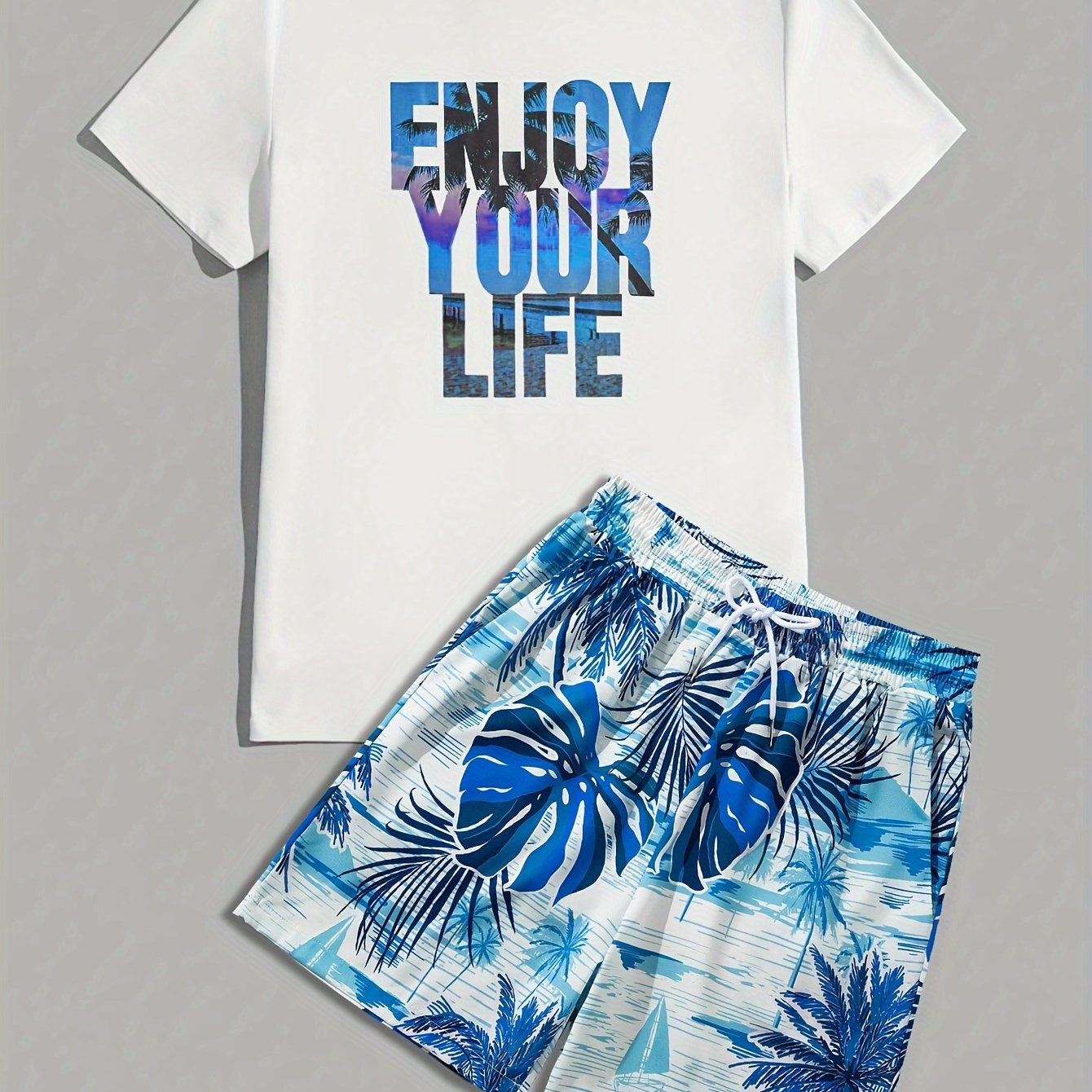 Men's Casual Outfit, Summer T-Shirt & Shorts Set - Comfortable Crew Neck Tee With Stylish Letter Print, Breathable Hawaiian Shorts With Drawstring - For Men - Perfect for Summer Vacation & Beachwear - Ideal Gift for Boyfriend