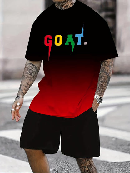 Men's Summer Sportswear Set - Breathable Polyester Gradient "GOAT" Print T-Shirt & Black Shorts, Casual 2pcs Jogging Tracksuit with Colorful Stripes, Workout Clothes