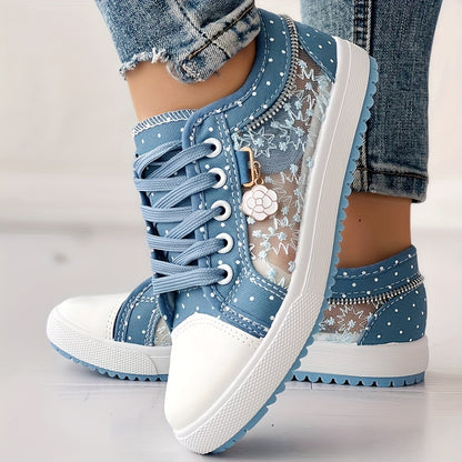 [Floral Mesh Sneakers] Light Blue Women's Floral Mesh Sneakers - Lace-Up Low Tops with Rhinestone Accents, Casual Shoes, Synthetic Cover Sole