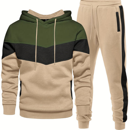 [2-piece Athletic Tracksuit Set] 2-piece Color Block Men's Athletic Tracksuit Set, Casual Long Sleeve Hoodie With Drawstring And Jogging Pants Set For Gym Workout Running