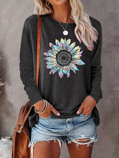 Casual Long Sleeve Sunflower Print Crew Neck Top - Women's Clothing for Spring & Fall