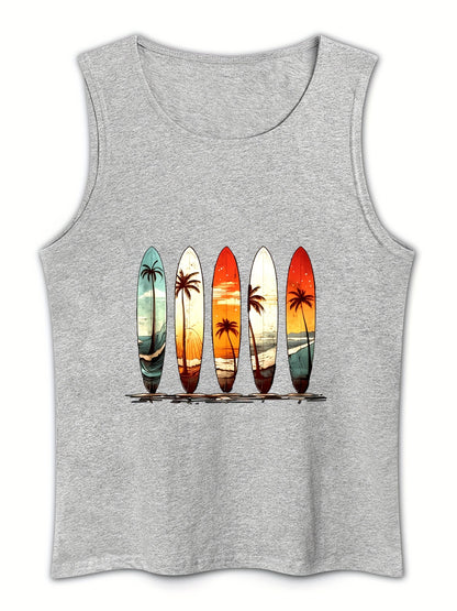 Men's Cotton Graphic Tee - Comfy, Casual, Sleeveless Tank Top with Beach Palm Trees Print for Summer Outdoor Wear