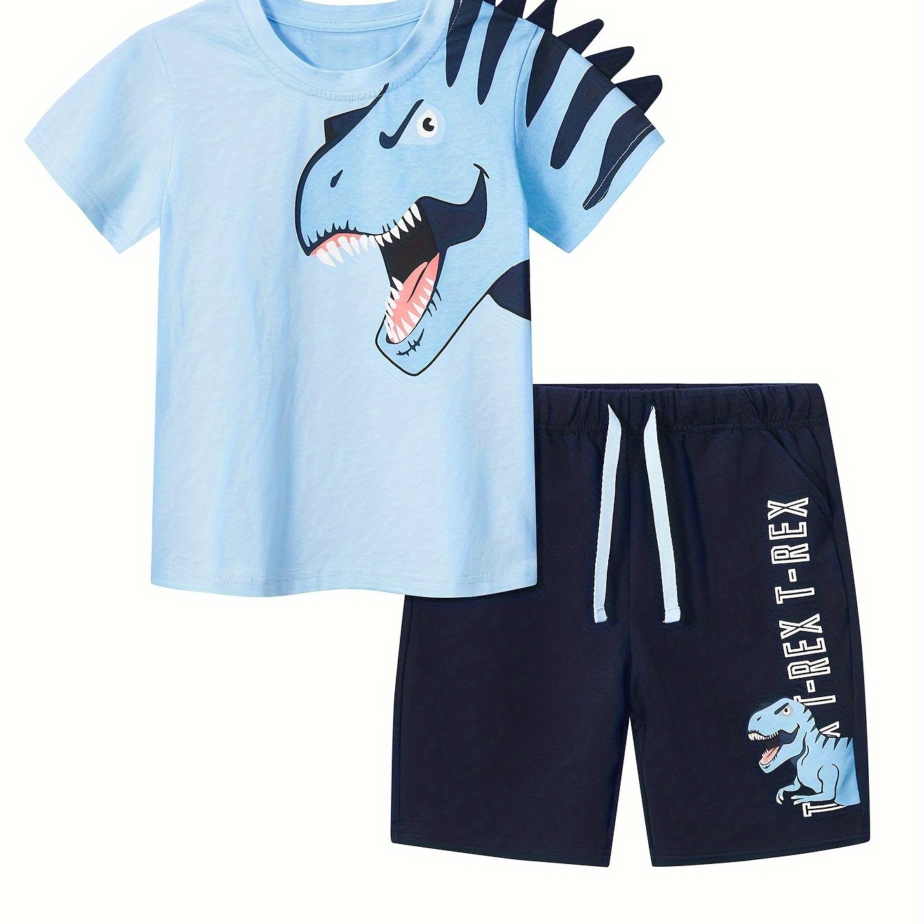 Boys Summer Set Children'S Round Neck Pure Cotton Knitted Cartoon Animal Short Sleeved T-Shirt Top Navy Cartoon Animal Letter Pocket Shorts Set 2-7y