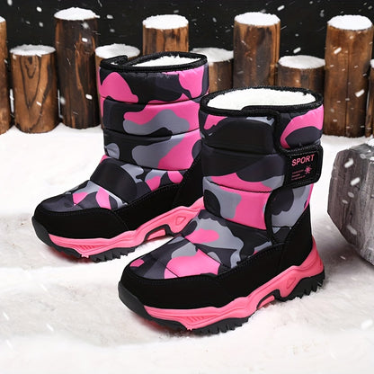 Youngsters' High-Top Winter Snow Boots - Warm Insulated TPR Sole & EVA Cushion, Camouflage Pattern (Blue/Black/Pink/Beige) | Unisex Youngsters & Youth Cold Weather Boots for Outdoor Activities