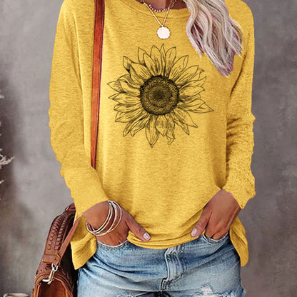 Casual Long Sleeve Sunflower Print Crew Neck Top - Women's Clothing for Spring & Fall