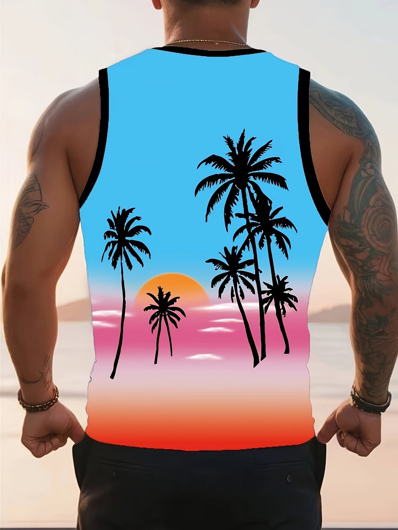 Men'S Stylish Beach Tank Top with Trendy Palm Tree Design. Premium Quality Digital Print.