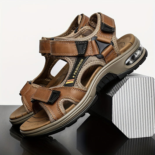 Premium Leather Casual Summer Sandals - Men's Open-Toe Beach Sandals with Air Cushion, Adjustable Hook-and-loop Fastener Straps, Breathable Mesh Lining - Durable Construction, Outdoor Sandals, Adjustable Strap Sandals