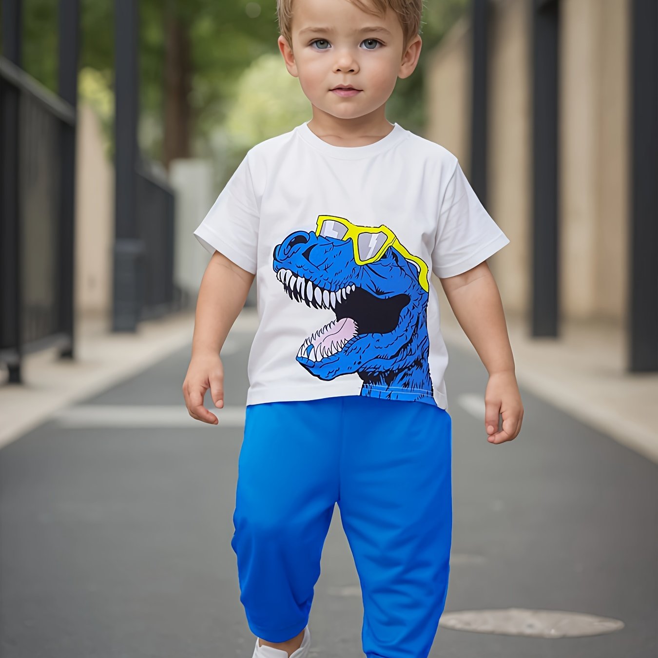 European and American baby boy spring and summer popular glasses dinosaur print T-shirt+pants two-piece set [targeted development]