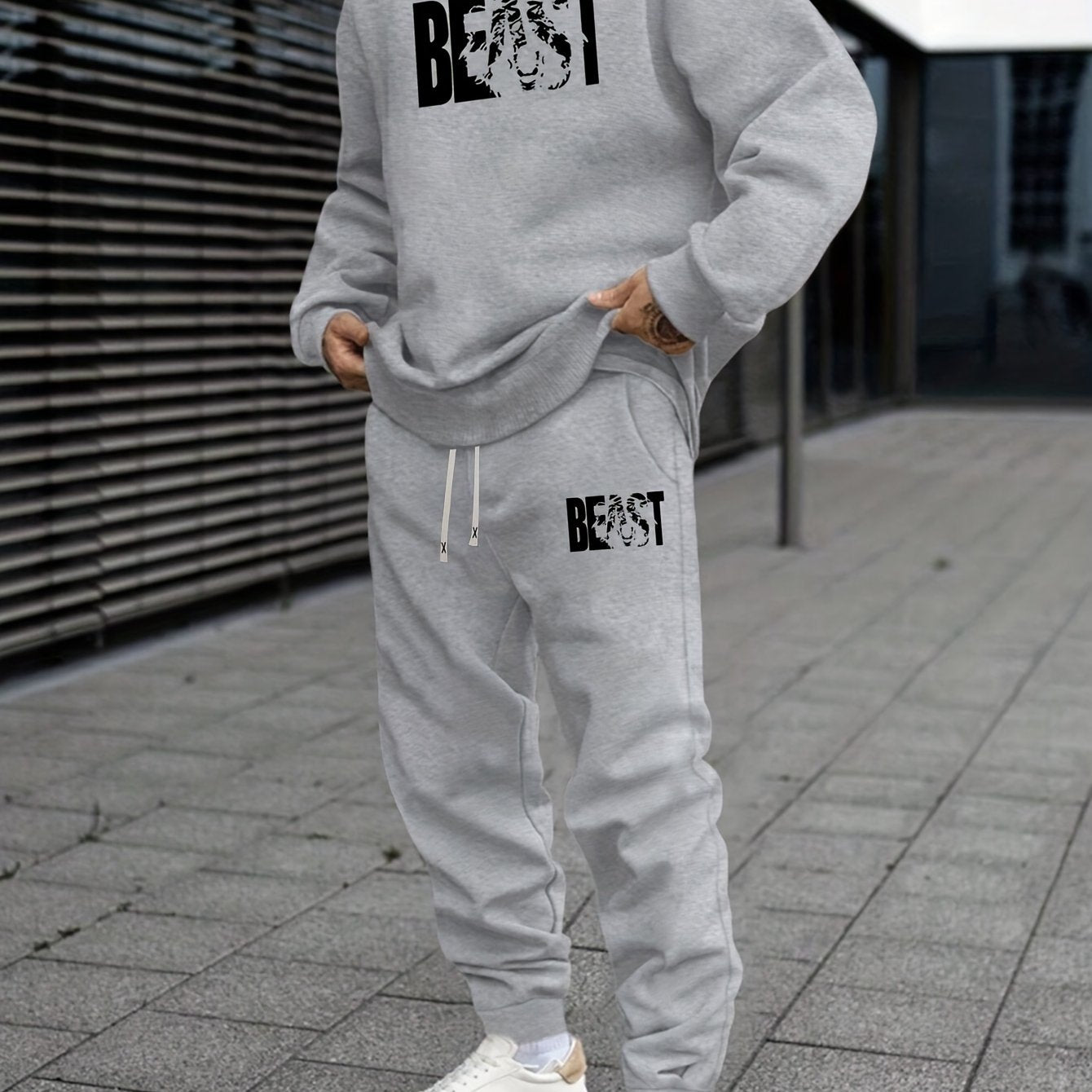 Autumn Beast Animal Pattern Print Men's Sweatshirt Set - Casual Alphabet Print Sweatshirt and Waist Drawstring Trousers