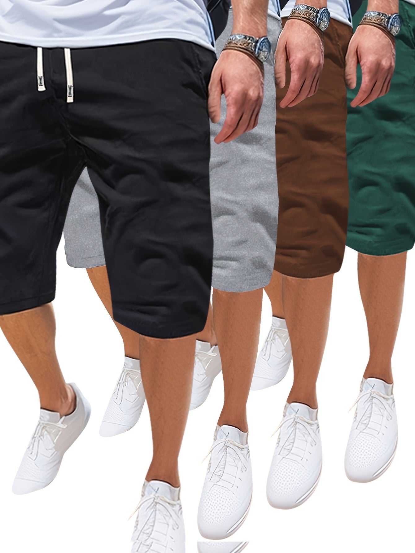 Summer Solid 4pcs Men's Drawstring Shorts - With Pockets For Outdoor Sports and Beach Holiday