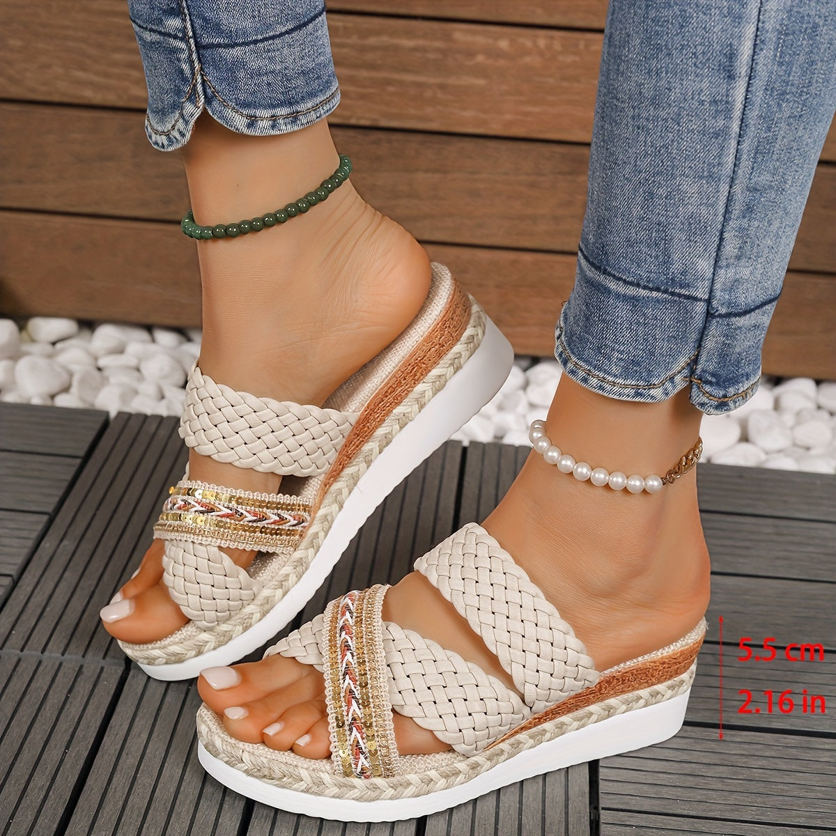 Casual Comfort Wedge Summer Sandals - Women's Platform Slip On Braided Walking Vacation Shoes