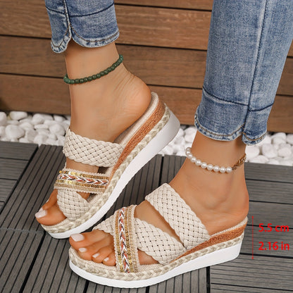 Casual Comfort Wedge Summer Sandals - Women's Platform Slip On Braided Walking Vacation Shoes