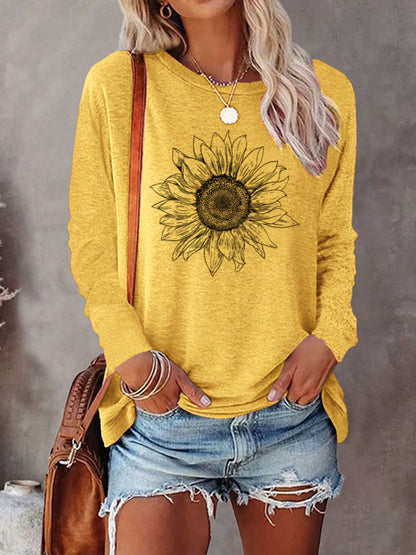 Casual Long Sleeve Sunflower Print Crew Neck Top - Women's Clothing for Spring & Fall