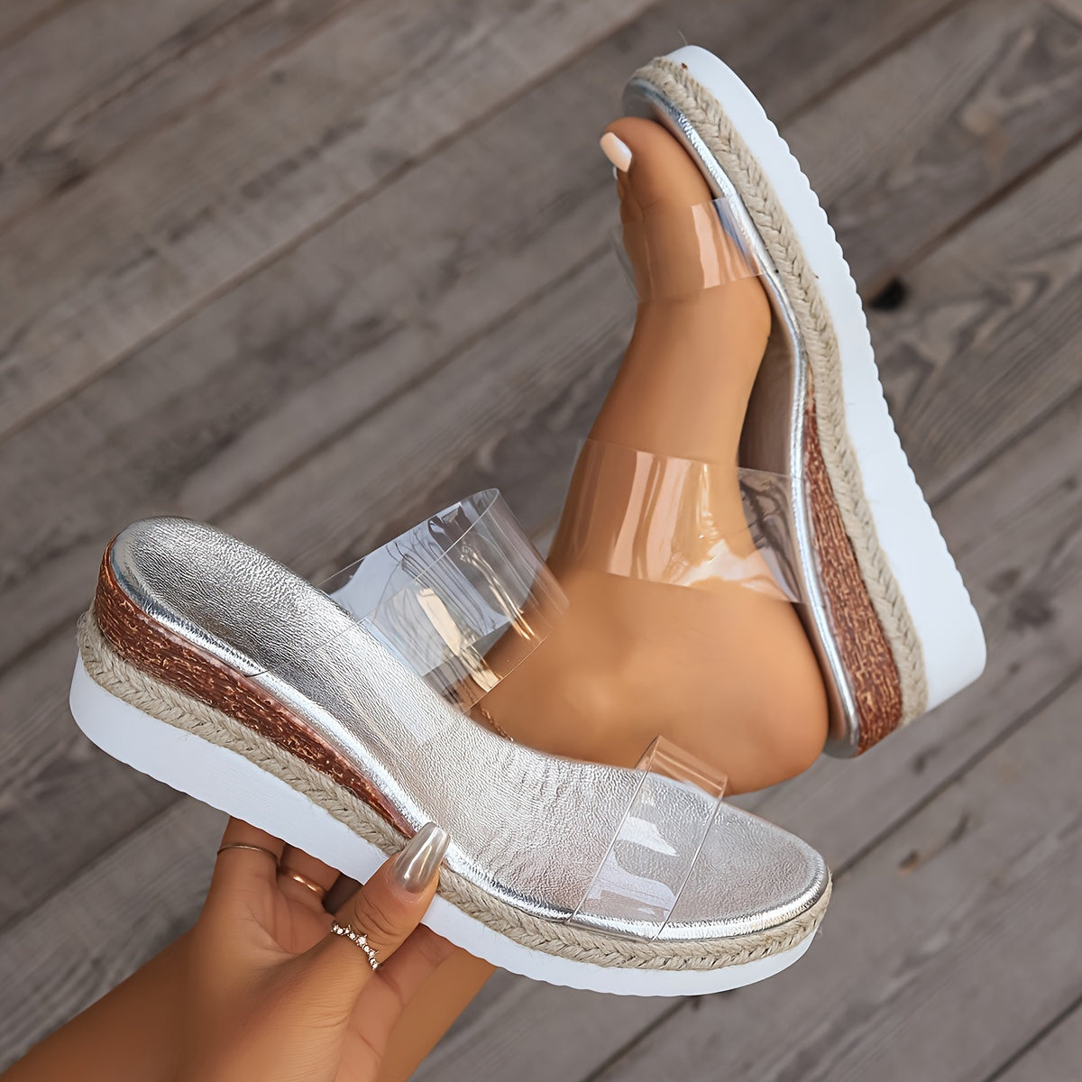 [Small Height Increase Heels Sandals] Fashionable Transparent Single-word Thick-soled Slope Heel Sandals For Women, New Style In Summer, Sponge Cake Style, Small Height Increase, Casual High Heels.